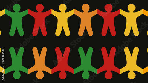 Colorful flat vector illustration of diverse people holding hands in solidarity and unity on black background