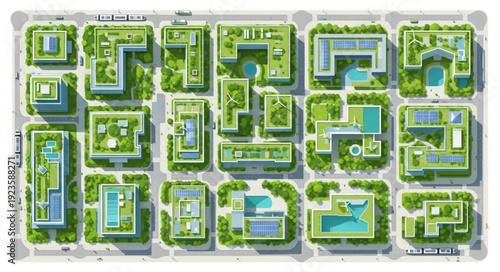 Aerial view of a modern urban development with green rooftops and integrated green spaces.