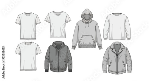 Collection of seven hooded and crewneck sweatshirts and t-shirts in various shades of gray on a white background.