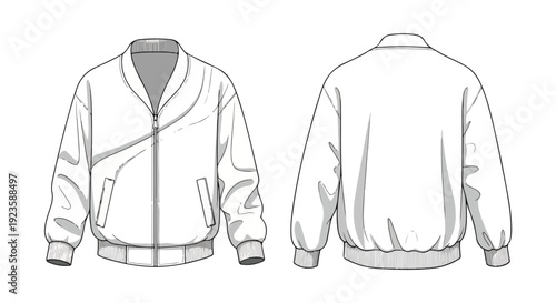 Detailed illustration of a white jacket shown from the front and back with gray outlines on a plain background.