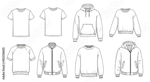 Line drawings of eight different hooded and non-hooded sweatshirts and t-shirts in various styles against a white background.