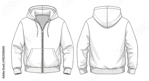 Detailed line drawings of a white zip-up hoodie with hood shown from the front and back on a plain white background.