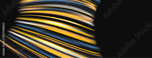 Abstract swirling ribbons, gold, blue hues dominate. Dynamic composition, dark background creates contrast, visual texture apparent.