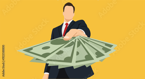 A modern illustration of a person in a suit presenting a fan of currency, embodying concepts of financial reward, lucrative offers, or a successful business deal