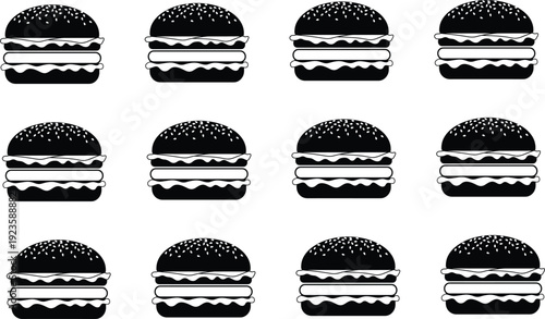 Burger Icon Set in Black Silhouette Style with Multiple Hamburger Variations for Fast Food Menu, Restaurant Branding, and Design Projects