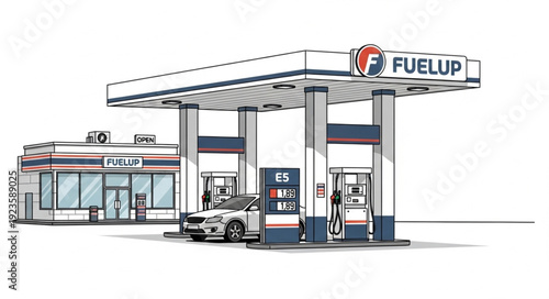 Gas Station with Fuel Pumps and Sign.