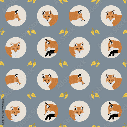 Seamless pattern with red fox portraits in circles and yellow autumn leaves. Arctic wildlife nature background for textile, wallpaper and wrapping paper