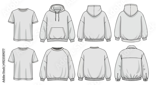 Detailed line drawings of eight different hooded and crewneck sweatshirt designs on a clean white background.