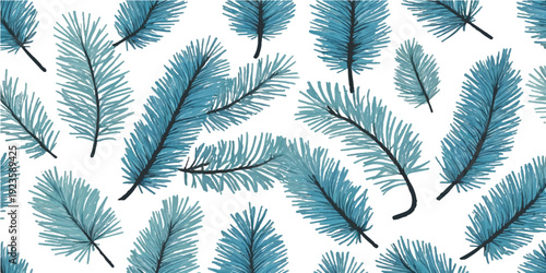 Seamless winter forest pattern featuring evergreen pine branches and green fir needles with delicate white feathers isolated on a snowy background for a festive Christmas holiday celebration
