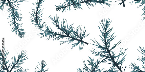 Seamless vector pattern with winter pine and fir branches featuring green evergreen needles and snowflakes for a festive Christmas nature background