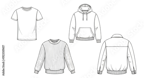 Technical drawings of various hooded and crewneck sweatshirts and a t-shirt on a white background.