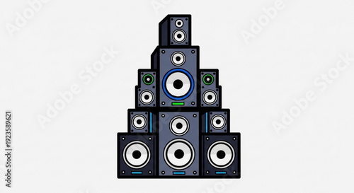 Stacked speakers and subwoofers in a pyramid shape on a white background for audio equipment concept