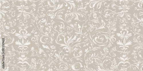 Vintage seamless damask floral pattern vector with baroque ornament swirls and textile texture for elegant wallpaper design
