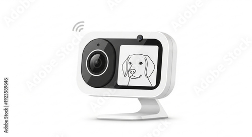 Small white portable wi fi enabled camera with dog drawing on screen
