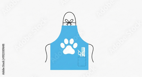 Blue apron with white paw print and pocket for pet grooming tools