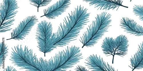 Seamless pattern with winter pine branches and soft feathers featuring green fir needles and spruce twigs for a festive Christmas forest decoration