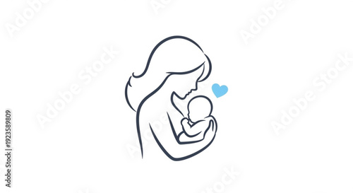 Mother holding baby with love and care heart symbol simple line art