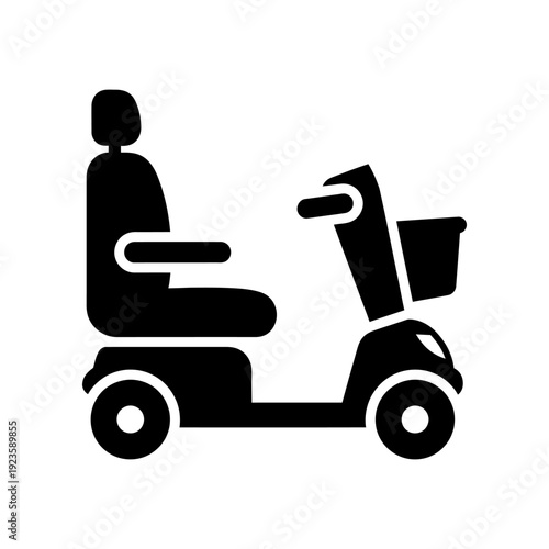 High-contrast black silhouette of an elderly man riding a mobility scooter, isolated on white background, ideal for healthcare, accessibility, and senior lifestyle design projects.