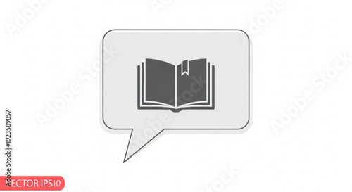 Book icon in speech bubble symbolizing discussion or education on white background with gray tones