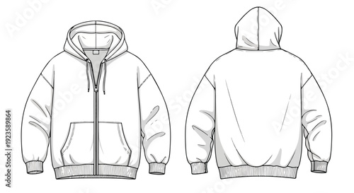 Detailed line drawings of a white zip-up hoodie with drawstrings and pocket, shown from front and back against a clean white background.