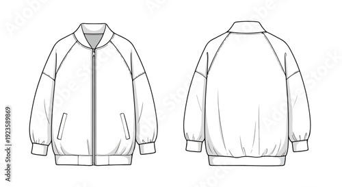 Technical drawing of a bomber jacket shown from the front and back on a white background with detailed stitching lines.