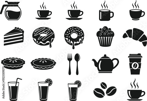 Coffee and Dessert Silhouette Icon Set with Donuts, Cake, Croissant, Teapot, and Hot Drinks for Cafe and Bakery