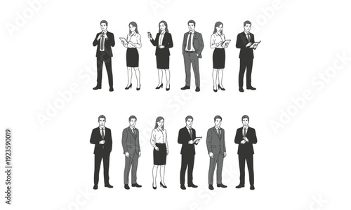 Vector silhouettes of men and a women, a group of standing business people, black and white color isolated on white background