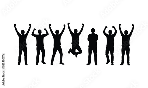 Vector silhouettes men and women standing, set, profile, hands up, different poses, business, people, group, black color, isolated on white background