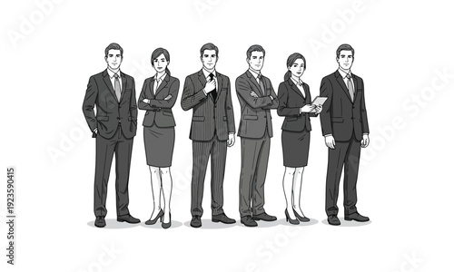 Foto Vector silhouettes of men and a women, a group of standing business people, blac