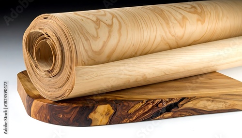 Rolled wood veneer on an olive wood cutting board against a gray/white background with distinct woodgrain patterns