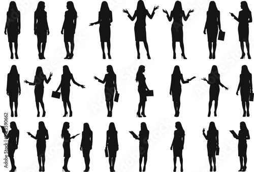 Silhouettes of businesswoman, professional poses, office gestures, confident female leader, modern workplace diversity, communication, teamwork, corporate attire, success, business illustration
