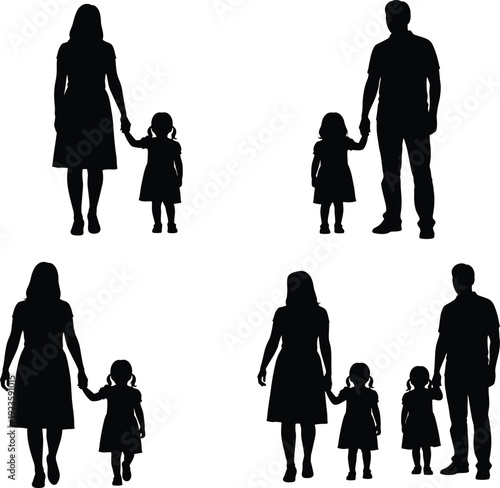 Silhouettes of adults and children in family poses, walking and standing, flat vector, isolated, cad drawing