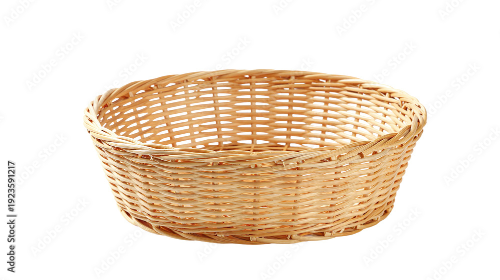 Fototapeta premium Woven wicker basket isolated on white background, rustic and natural container for storage or display