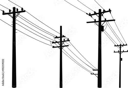 Silhouette utility poles, electricity distribution network, power line perspective, transformers and insulators, urban energy grid, electrical infrastructure, industrial skyline, interconnected system