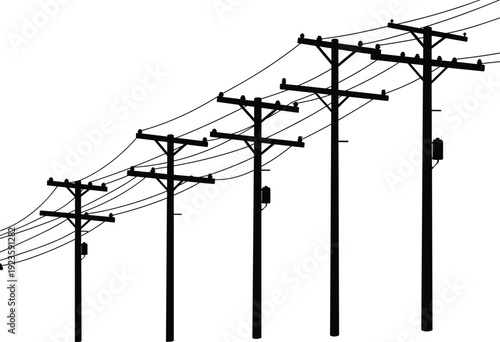Silhouette utility poles, electricity distribution network, power line perspective, transformers and insulators, urban energy grid, electrical infrastructure, industrial skyline, interconnected system
