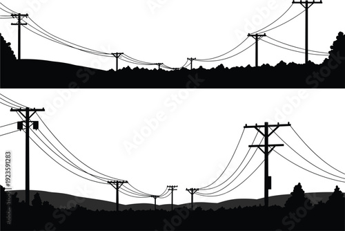 Silhouette utility poles, electricity distribution network, power lines perspective, hilly landscape, tree silhouettes, urban energy grid, electrical infrastructure, rural skyline
