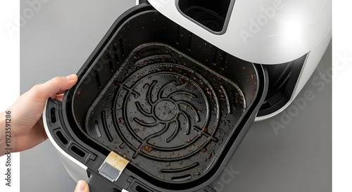 A hand holding an air fryer basket with a dirty bottom