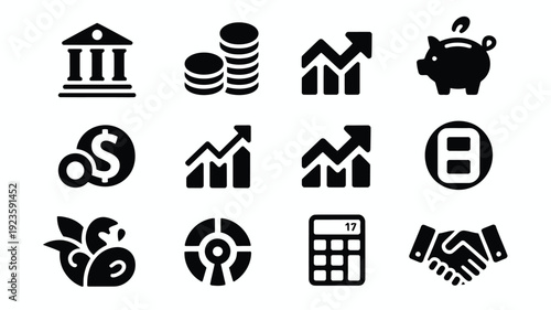 Business finance icons set including bank money growth piggy bank dollar stock market calendar handshake isolated on white background for business and finance concepts