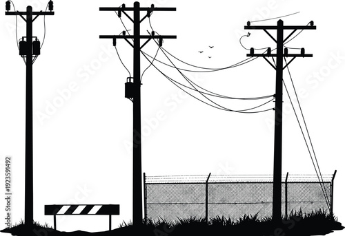 Silhouette utility poles, fence with barbed wire, striped road barrier, transformers and insulators, flying birds, electricity distribution, black outline, voltage grid