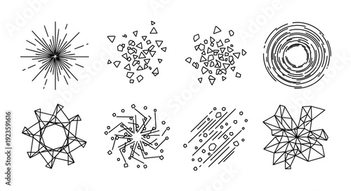 Abstract geometric line art icon collection. Includes starburst, shattered shapes, concentric circles, intertwined polygons, and scattered lines. Created in outline style with black and white
