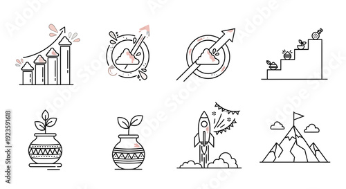 Growth and success outline icon collection. Includes business growth, financial increase, startup launch, and achievement symbols. Created in thin line style with red and black palette. isolated