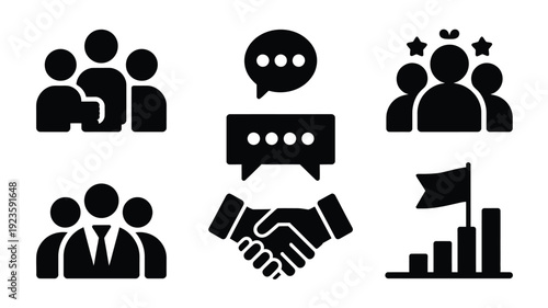 Business teamwork and leadership icons set black silhouettes on white background symbols for partnership communication success and collaboration
