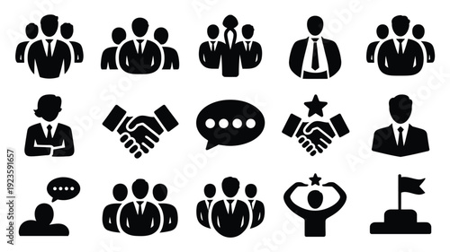 Business teamwork and leadership icons in black silhouette on white background symbolizing partnership and communication
