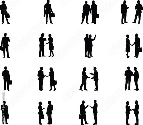 Silhouettes of business people interacting, shaking hands, talking, and gesturing, corporate communication, teamwork, and professional relationship concept illustration in black and white