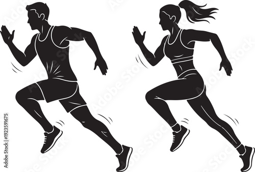 Set of two athletic runner silhouettes in motion, clean vector