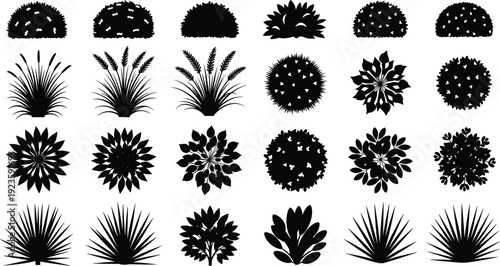 Bush and ornamental plant silhouette collection, decorative garden shrubs and grass elements isolated on white background, flat vector illustration