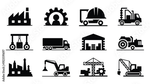 Industrial business silhouette logo bundle with various factory and construction vehicles on white background for design