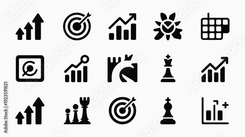 Strategic business growth icons set black silhouettes on gray background arrows targets graphs chess pieces calendar and more for planning and development