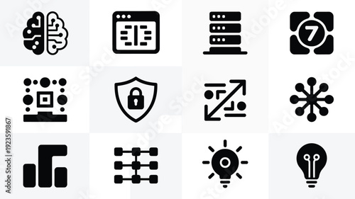 Collection of modern corporate tech icons for business and technology concepts including brain server shield and light bulb symbols on gray background