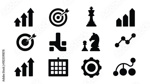 Strategic business growth icons set including target chess gear and graph symbols for planning and development